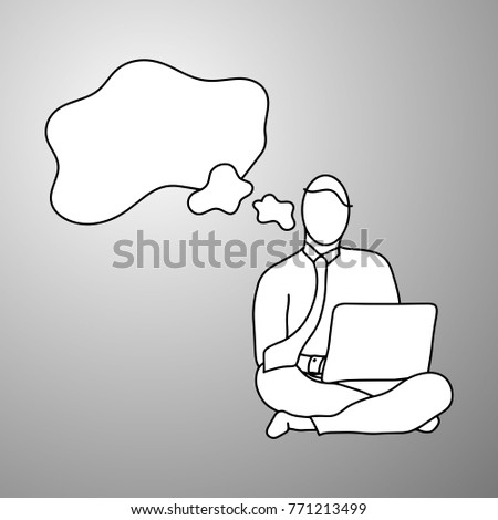 thinking businessman using notebook laptop computer on the floor vector illustration doodle sketch hand drawn with black lines isolated on gray background. Business concept. 