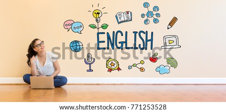 English text with young woman using a laptop computer on floor Royalty-Free Stock Photo #771253528
