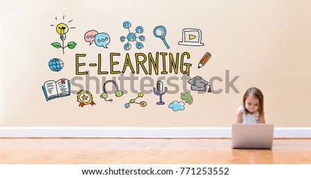 E-Learning text with little girl using a laptop computer on floor