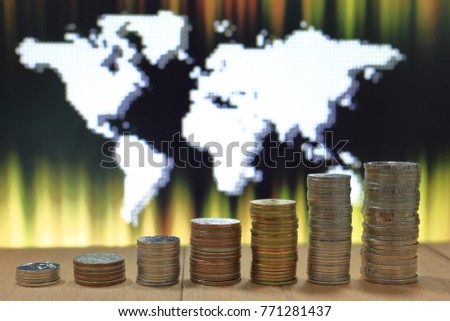 World of idea. White dots grid pattern world map on black and yellow orange glittering dot. Background for design presentation.

Digital economy. Coin stack graph shape with digital dots world map bac