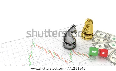 stock market investor chess horse golden and silver and money on top candlestick graph gold stock exchange graph and financial money background investment chart indicator copy space minimal concept Royalty-Free Stock Photo #771281548