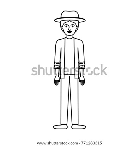 man with hat and jacket and pants and shoes with short hair in monochrome silhouette