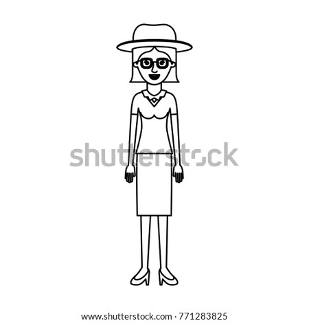woman with hat and glasses and blouse and skirt and heel shoes with short straight hair in monochrome silhouette