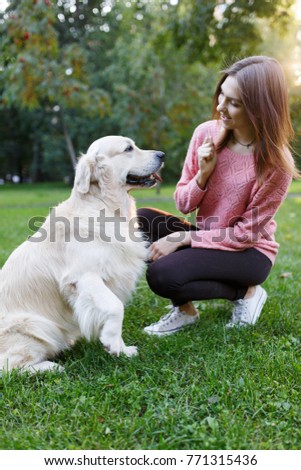 Picture of woman with dog on lawn in summer park