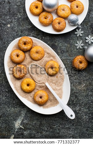 Appetizing ruddy traditional donuts with sugar and cinnamon on an oval dish on a gray grunge trendy background with a Christmas graceful neat decor with silver stars and a garland. Top View