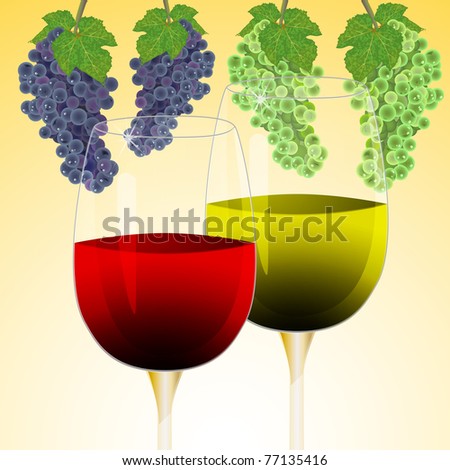 Red and white wine and grapes hanging