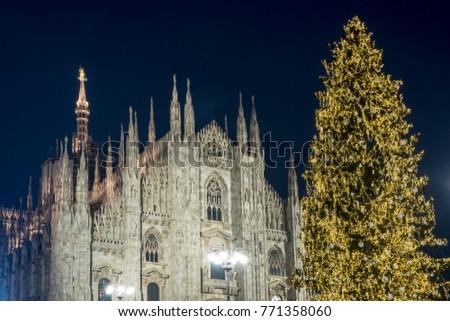 Christmas tree in front of Milan cathedral, Duomo square in december, night view. Royalty-Free Stock Photo #771358060