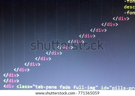 HTML code. Computer programming source code. Abstract screen of web developer. Digital technology modern background. Shallow depth of field. Code is created by myself.