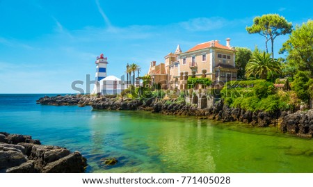 Scenic view in Cascais, Santa Marta Lighthouse and Museum, Lisbon district, Portugal. Royalty-Free Stock Photo #771405028