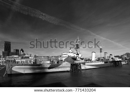 HMS Belfast a WW2 museum warship, Southwark, South Bank river Thames, London City, England, United Kingdom