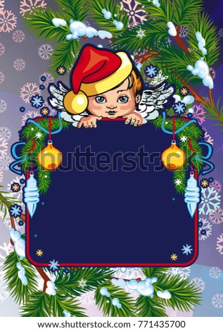 Christmas holiday card with pine branches, sweet little angel and wreath. Copy space. Raster clip art.