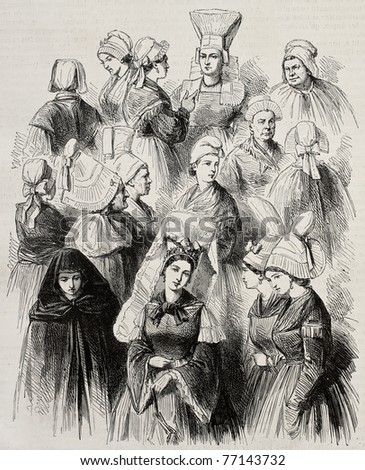 Antique illustration of varios Normans female head gears. Original, from drawing of Pauquet, was published on L'Illustration, Journal Universel, Paris, 1868