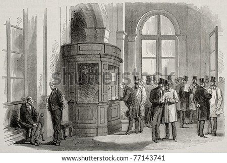 Old illustration of members of French legislative assembly collecting acts before session opening. Created by Pauquet and Cosson-Smeeton, published on L'Illustration, Journal Universel, Paris, 1868