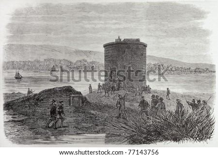 Attack to Martello tower near Cork, Ireland, by Fenians. From drawing of Blanchard, after sketch of Raye, published on L'Illustration, Journal Universel, Paris, 1868Universel, Paris, 1868