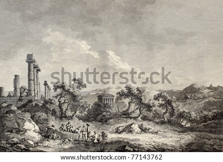 Old view of Valley of the Temples, Sicily. Created by Chatelet and Allix, published on Voyage Pittoresque de Naples et de Sicilie, by J. C. R. de Saint Non, Imprimerie de Clousier, Paris, 1786