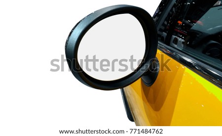 Wing mirror yellow color car on white background,path