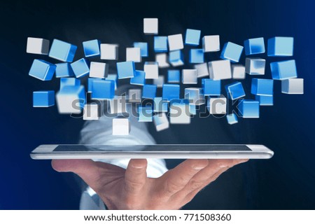 View of a 3d rendering blue and white cube on a futuristic interface