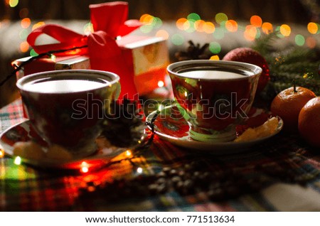 A cups of fragrant coffee. Christmas. Christmas Tree Decoration