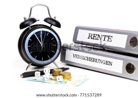 File folders and alarm clock symbolize time pressure. Translation: "Pension" and "Insurance".