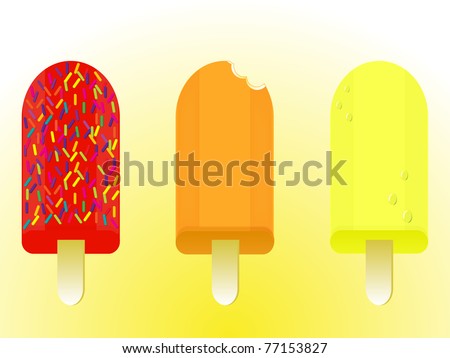 lolly pops selection of three - red with hundreds and thousands decoration covering, orange with bite and yellow with ice drops