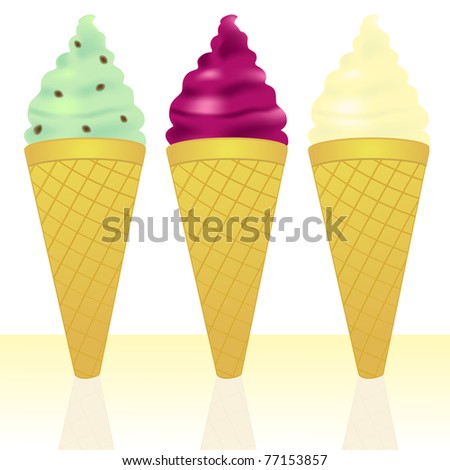 Ice cream cones with mint choc chip, raspberry ripple and vanilla flavors