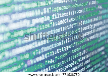 Coding script text on screen. Programmer developer screen. Modern tech. Database bits access stream visualisation. Young business crew working with startup. Programmer occupation job. 