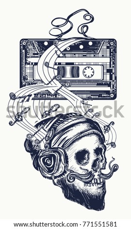 Human skull and old audio cassette  tattoo. Symbol of pop music, disco t-shirt design 