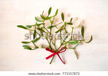 Christmas mistletoe decoration with red ribbon on wooden background. Nature background.