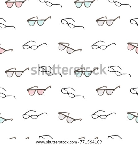 Watercolor glasses, hand drawn seamless pattern