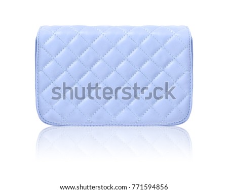 Pale cyan blue grid handbag clutch with reflection isolated on white background