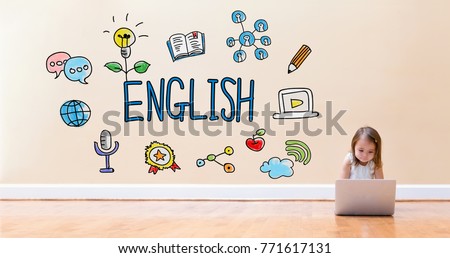 English text with little girl using a laptop computer on floor