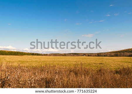 Autumn landscape sloping meadow on a background of forest and mountains Ural Russia