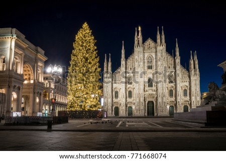 Milan, Italy: Christmas tree in front of Milan cathedral, Duomo square in december, night view. Royalty-Free Stock Photo #771668074