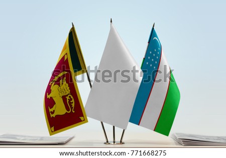 Flags of Sri Lanka and Uzbekistan with a white flag in the middle