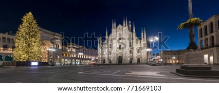 Milan, Italy: Panoramic view of Duomo square in december with 2017 christmas tree, named Vittorio. Royalty-Free Stock Photo #771669103