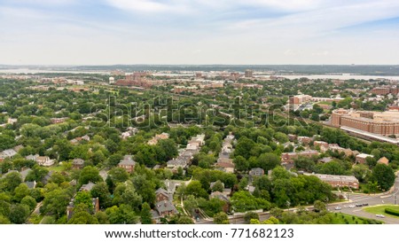 The skyline of Alexandria, Virginia, USA and surrounding areas as seen from the top of the George Washington Masonic Temple.