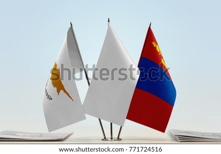 Flags of Cyprus and Mongolia with a white flag in the middle