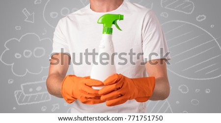 Male housekeeper with and without head with grey doodled wallpaper
