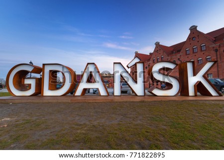 Gdansk city outdoor sign at Olowianka island, Poland