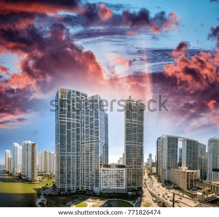 Sunset view of Miami and Brickell Key buildings, Florida.