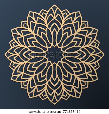 Laser cutting mandala. Golden floral pattern. Oriental silhouette ornament. Vector coaster design. Royalty-Free Stock Photo #771835414