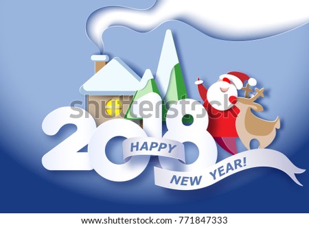Color paper cut design 2018 and craft winter landscape with evergreen tree, house with smoke from chimney, Santa Claus and deer. Vector illustration. Happy new year card.