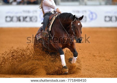 The front view of a rider in cowboy chaps and boots sliding the horse into the sand Royalty-Free Stock Photo #771848410