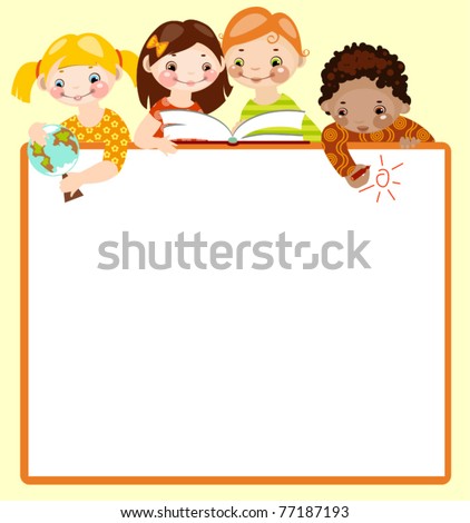 cute kids read and draw on green background. place for your text.