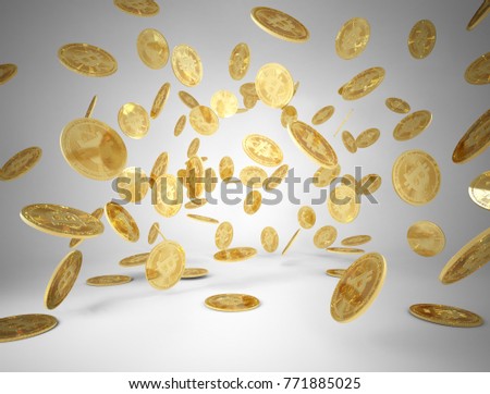 Golden bitcoin signs raining. rain from the golden bitcoins. 3D rendering.