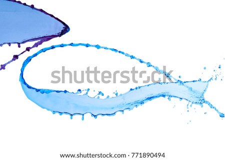 Colored splashes, drops, liquid water streams on a white isolated background. Color water splash isolated on white background