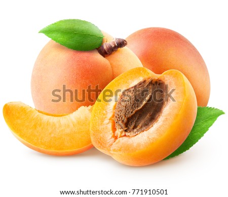 Isolated group of apricots. Two whole apricot, piece, half with leaves isolated on white background with clipping path Royalty-Free Stock Photo #771910501