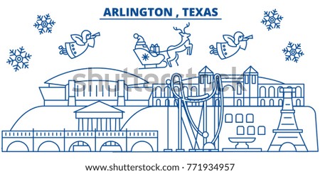 USA, Texas, Arlington winter city skyline. Merry Christmas and Happy New Year decorated banner. Winter greeting card with snow and Santa Claus. Flat, line vector. Linear christmas illustration