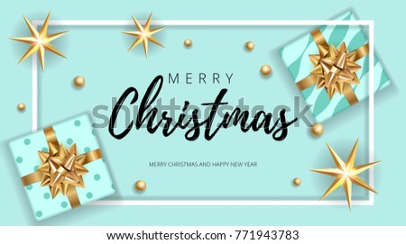Christmas modern blue background with gifts box with a gold bow. Template for postcard, booklet, leaflet, poster. Vector illustration EPS10 congratulation text Merry Christmas