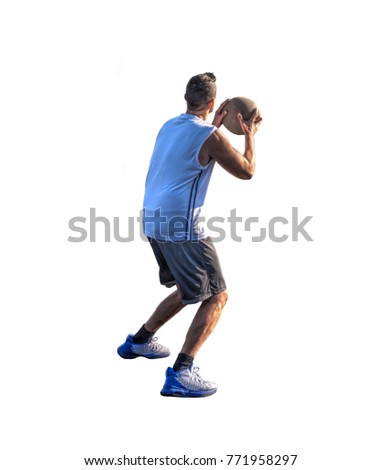 Man with basketball seen from behind isolated on white background